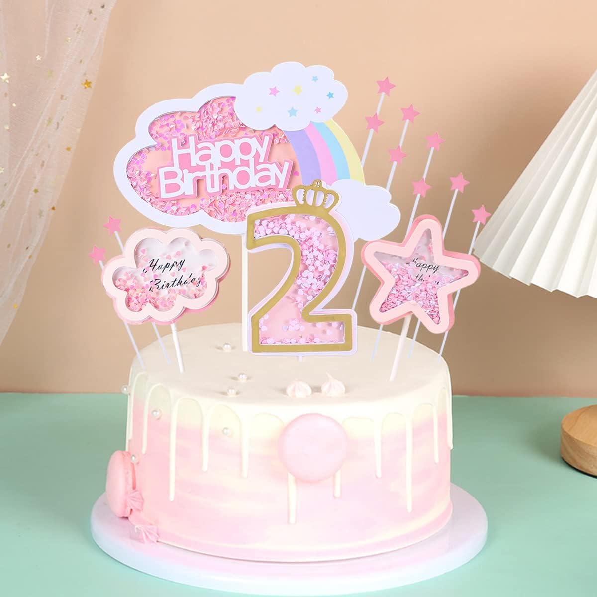 Kawailay Baby Girl 2Nd Birthday Cake Decoration Set Second Birthday Cake Topper with Rainbow Clouds Stars Cake Picks Two Year Old Cake Topper for Girls Birthday Party Supplies - Pink