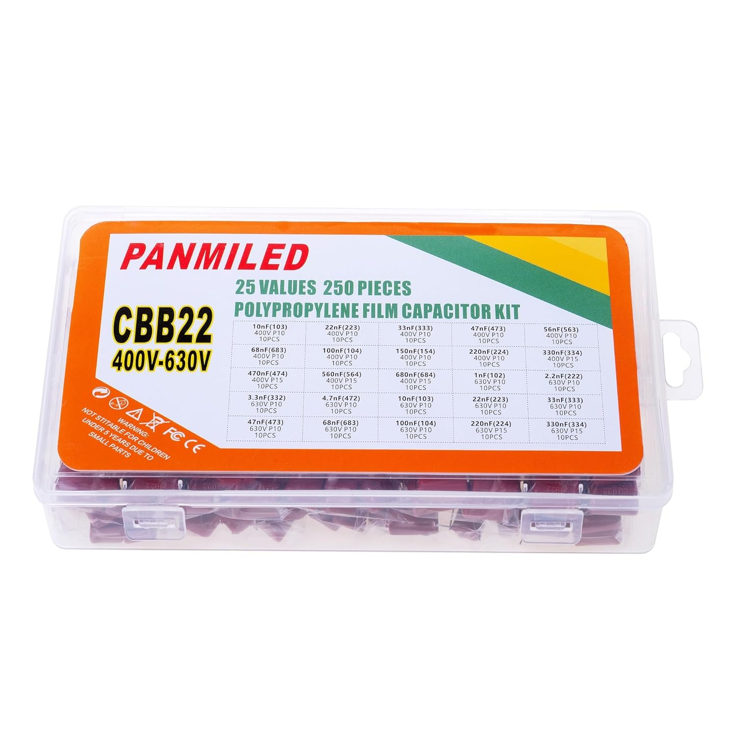 PANMILED 25 Values 250 Pieces Metallized Polypropylene Film Capacitor Kit 400V (0.01Uf ~ 0.68Uf) and 630V (0.001Uf ~ 0.33Uf) CBB22 Polyester Capacitor Assortment Kit image number 3