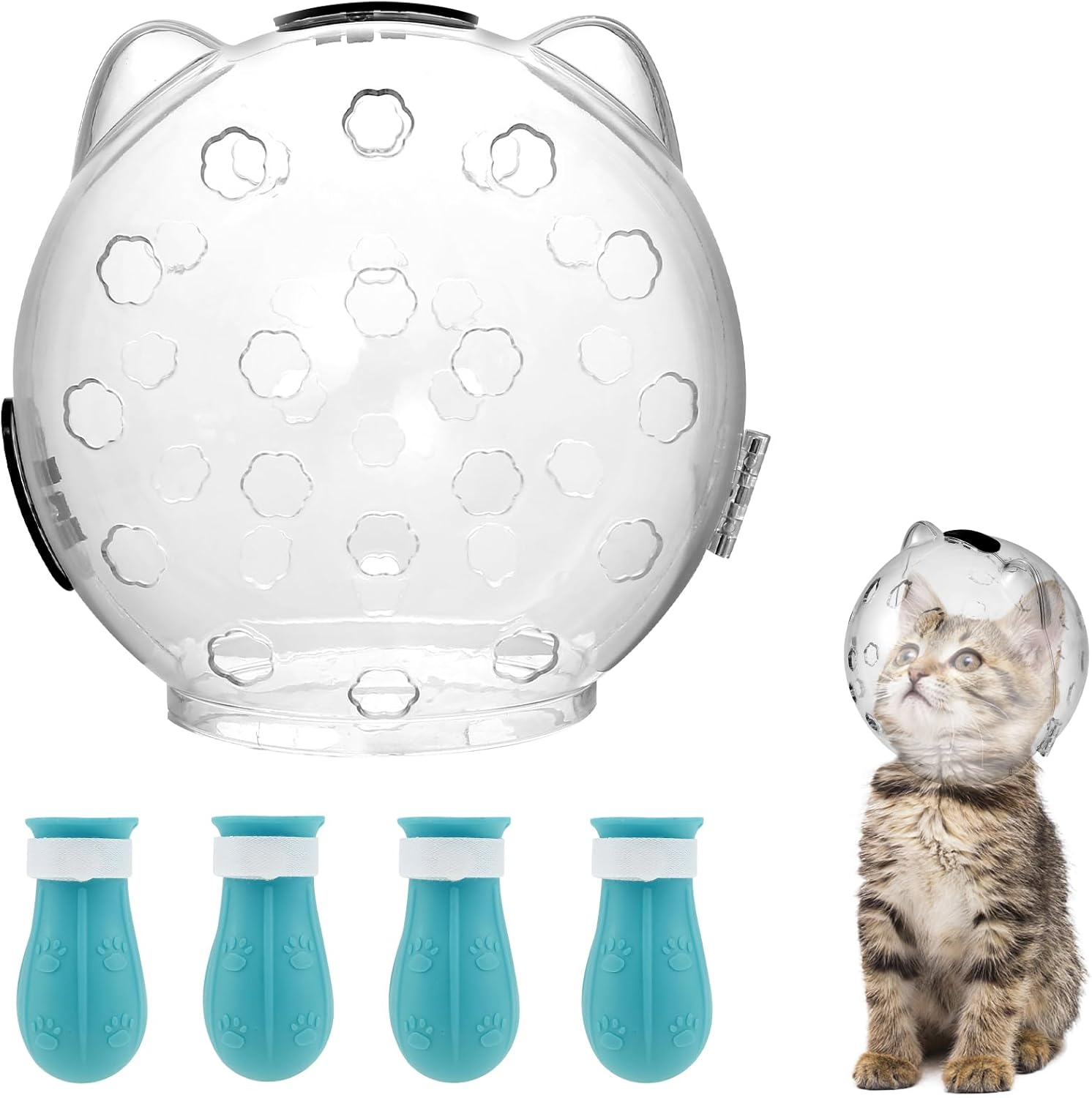 Cat Muzzle for Grooming, Breathable Cat Muzzle Helmet with 4 Silicone Paw Shoes, Transparent Cat Astronaut Helmet, Cat anti Bite Helmet for Cats Bathing Shaving Nail Trimming (Small) image number 5