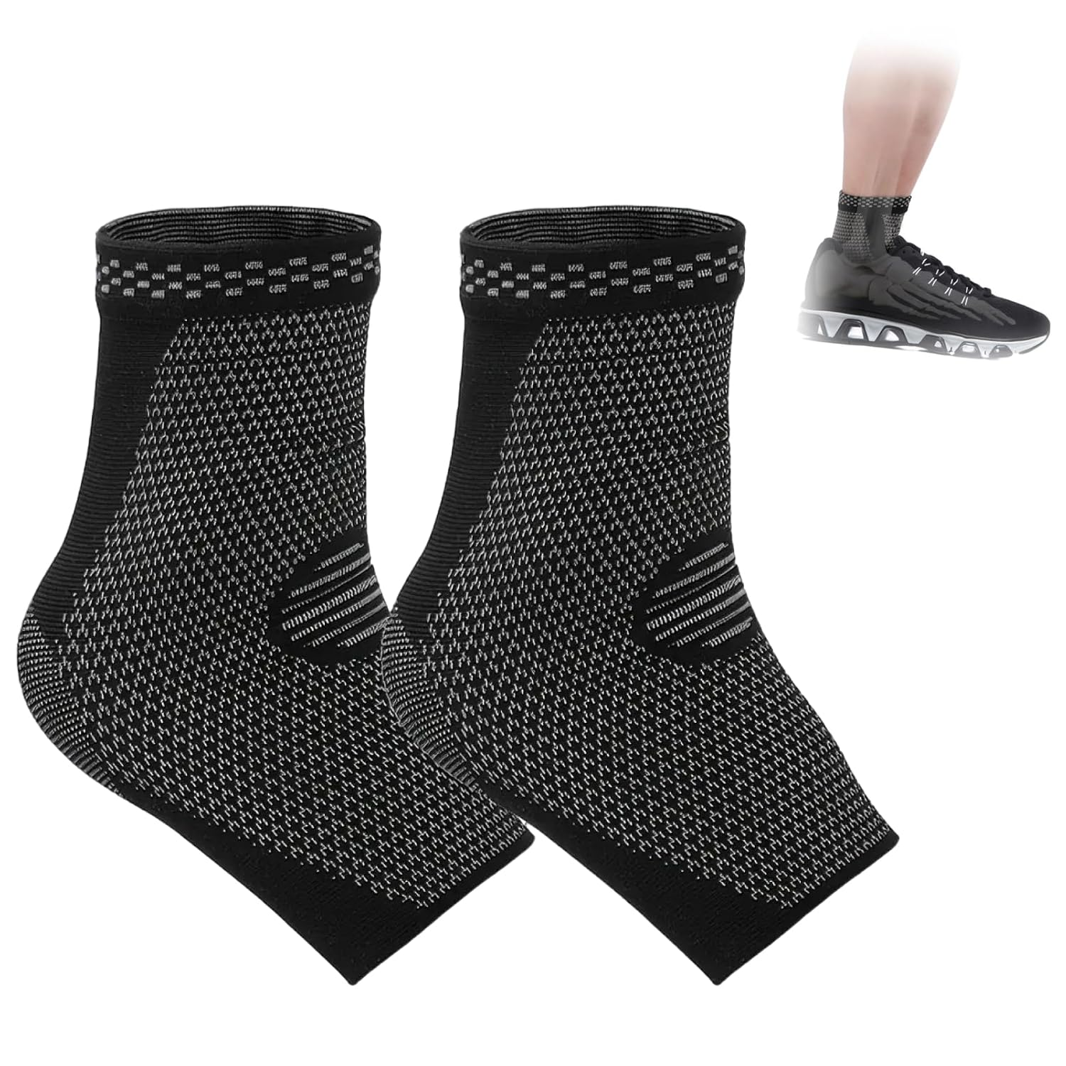 Ankle Support Brace 2 Pack, Comfortable Ankle Braces for Men, Women, and Kids, Effective Plantar Fasciitis Socks with Arch Support for Pain Relief and Injury Recovery, Black, Medium