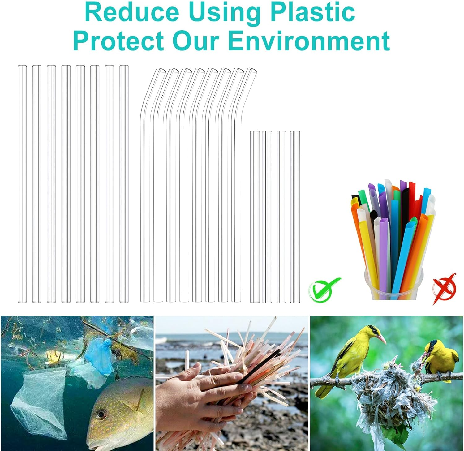 Kiemeu 20 Pack Clear Glass Straws for Drinking, &Phi;8 Mm Thin Reusable Straws, Family Pack