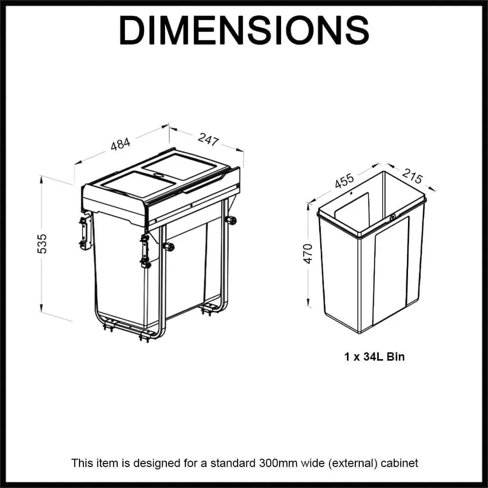 Domestique plus 34L Single Slide Out Concealed Waste Bin with Soft Close - for a 300Mm Cabinet - Bottom Mounted - Includes Optional Door Bracket image number 3