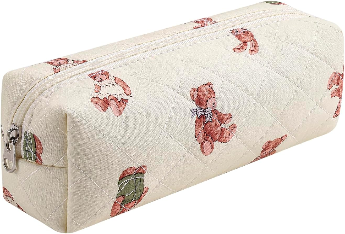 WHHJM Cute Floral Makeup Brush Bag Small Cotton Quilted Cosmetic Bag for Women Travel Toiletry Zipper Make up Pouch, Blue Floral