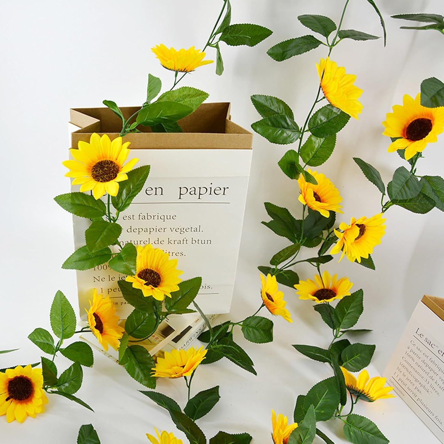 Bacucine 6Pcs Artificial Sunflower Garland 7.5Ft Silk Sunflower Hanging Vine Artificial Flowers with Green Leaves for Home Wedding Party Garden Table Decor image number 5