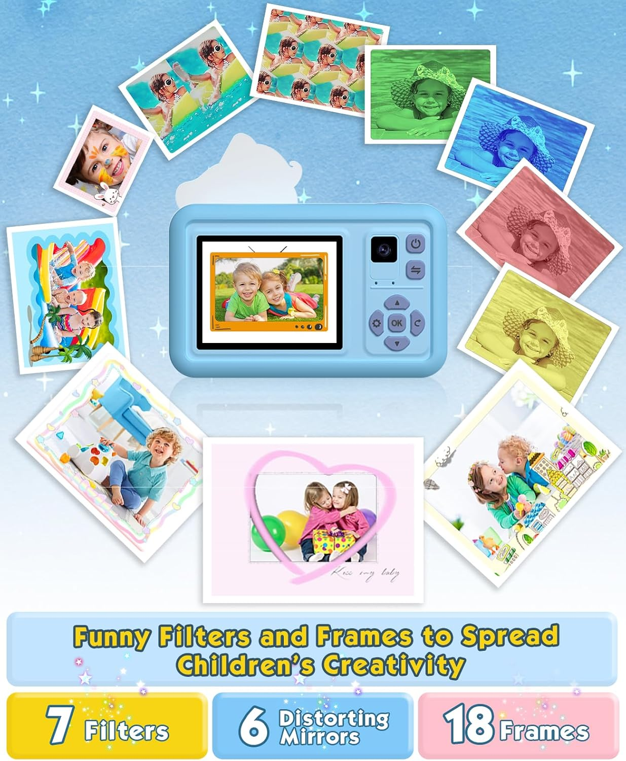 Kids Digital Camera with Tripod, 1080P HD /2 Inch Screen/ 32G Card/Music Video Camera with Unicorn Silicone Cover, Children Selfie Camera for Boys Girls Age 3-12 Years Old (Blue) image number 1