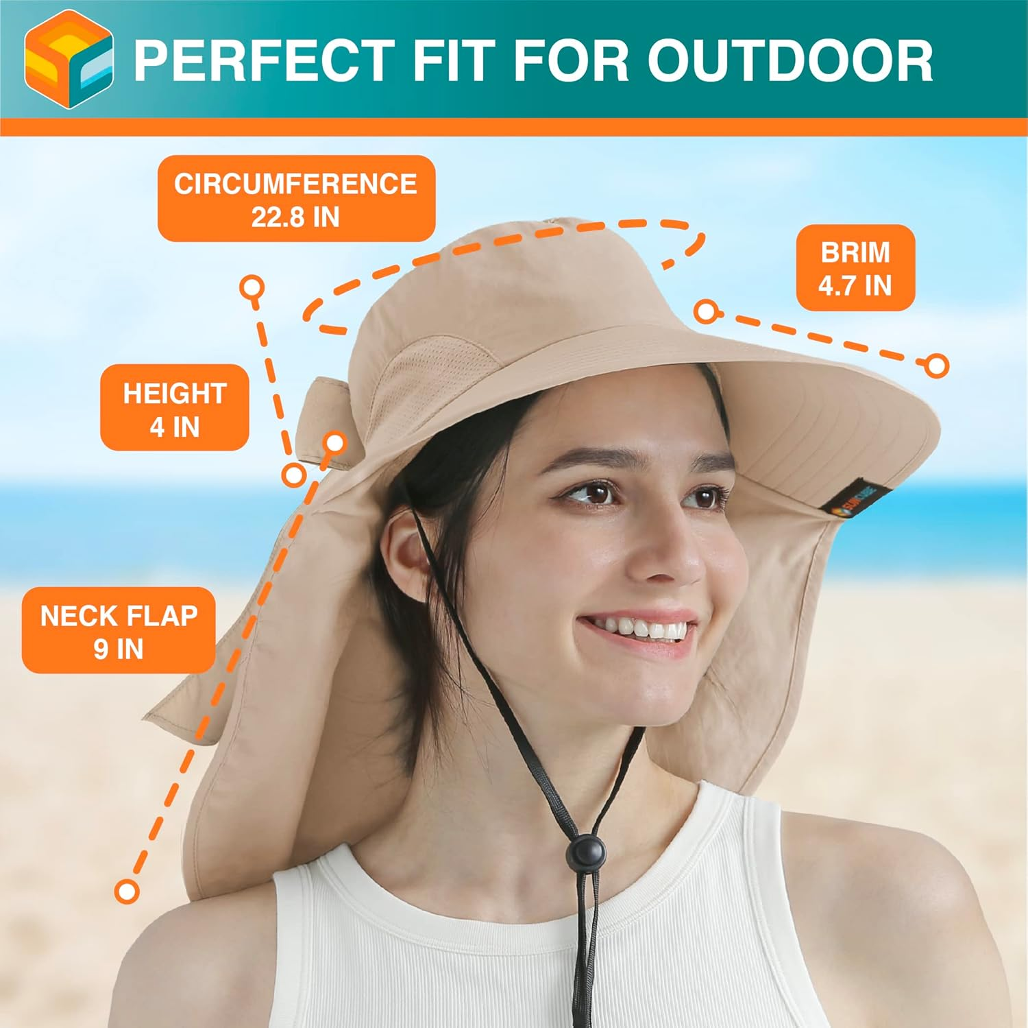 SUN CUBE Wide Brim Sun Hat with Neck Flap, UPF50+ Hiking Safari Fishing Hat for Men Women, Sun Protection Beach Hat, Tan with Bow, One Size image number 6