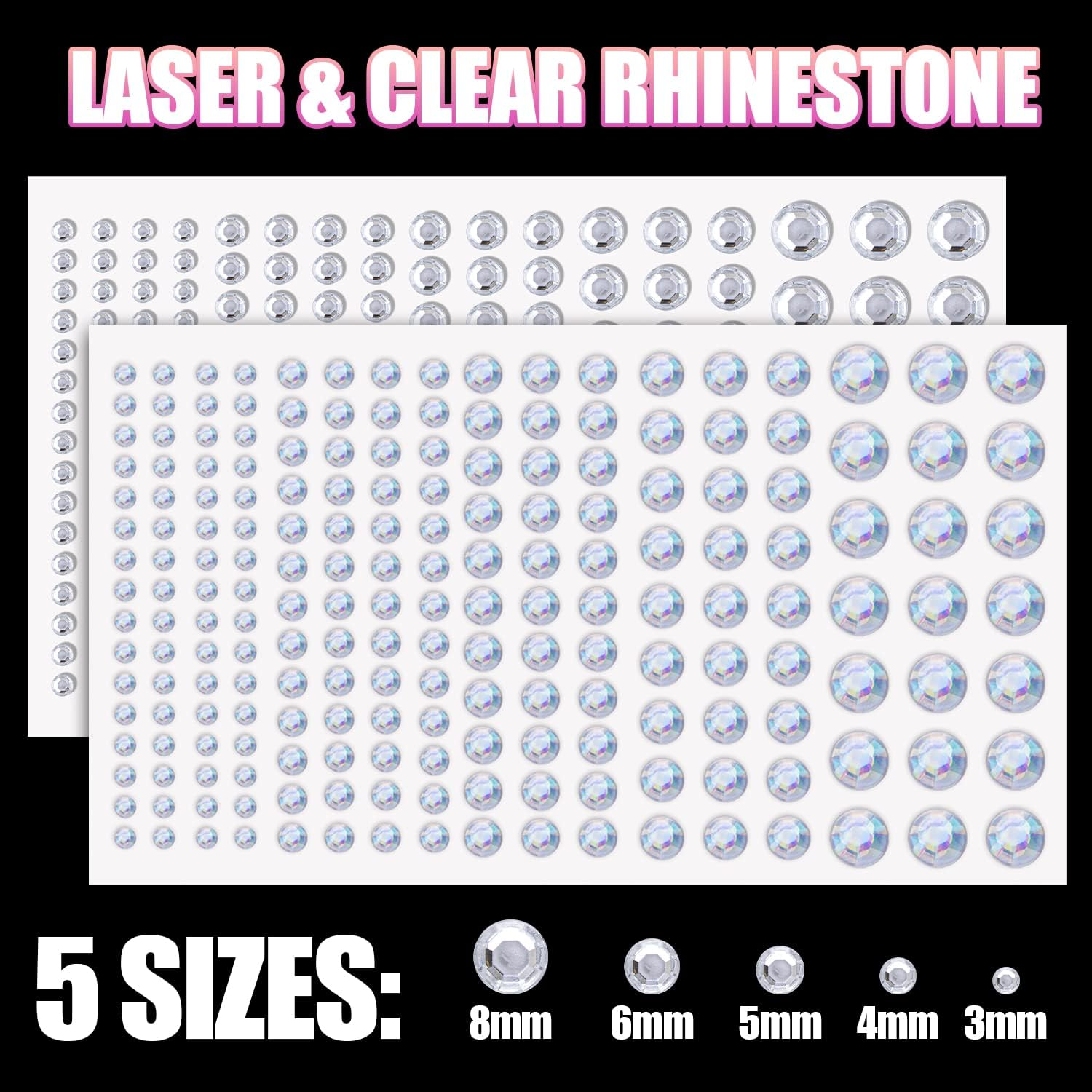 2758 Pcs of Rhinestone Stickers 3/4/5/6/8Mm Clear+Laser Self Adhesive Face Gems, Stick on Body Crystal Jewels with Quick Dry Makeup Glue for Face Eye Hair Nails Make up and Craft DIY Decorations - 06-14 Sheets Clear+Laser image number 2