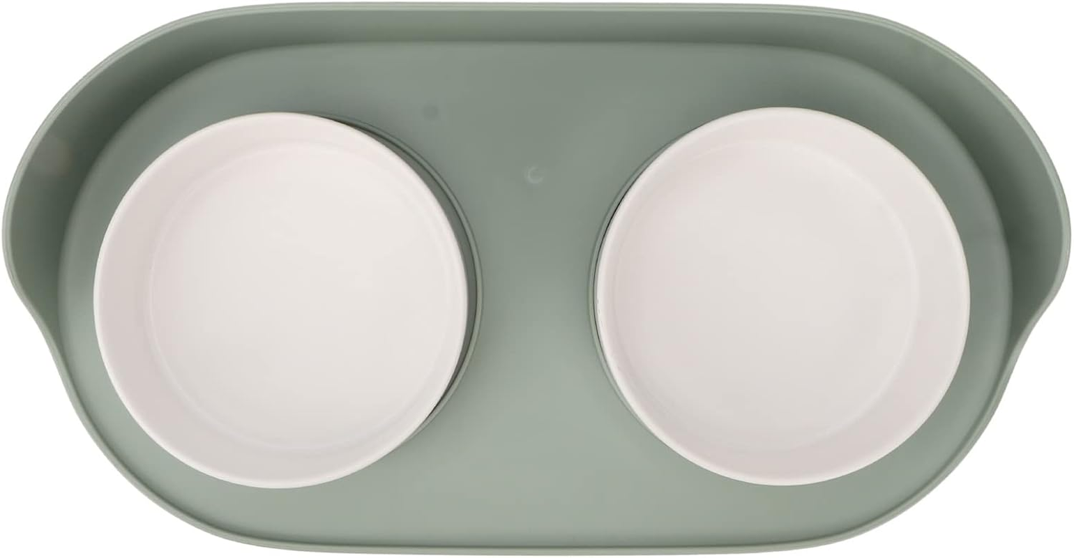 Raised Puppy Dishes for Food and Water, Ceramics Cat Raised Bowls Prevent Spill Cervical Spine Protection Double Food Water Elevated Bowls for Cat Supplies White(Green) - Green image number 5
