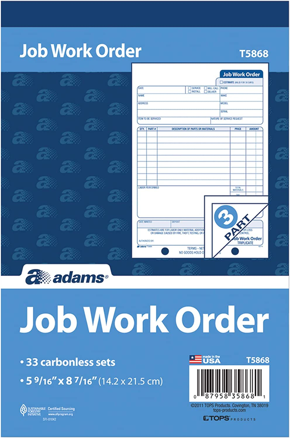 Adams Job Work Order Book, 5.56 X 8.44 Inch, 3-Part, Carbonless, 33 Sets, White and Canary (T5868) image number 6