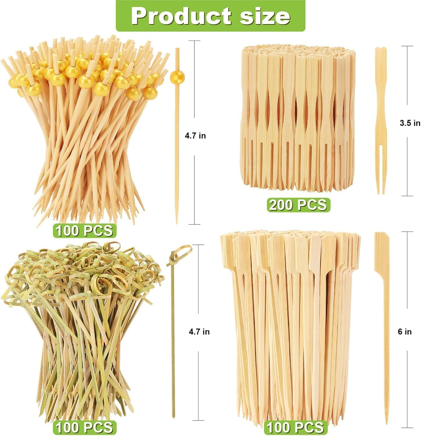 500PCS Cocktail Picks Kit, 4 Styles Fancy Toothpicks for Appetizers, 3 Sizes Long Bamboo Skewers image number 2