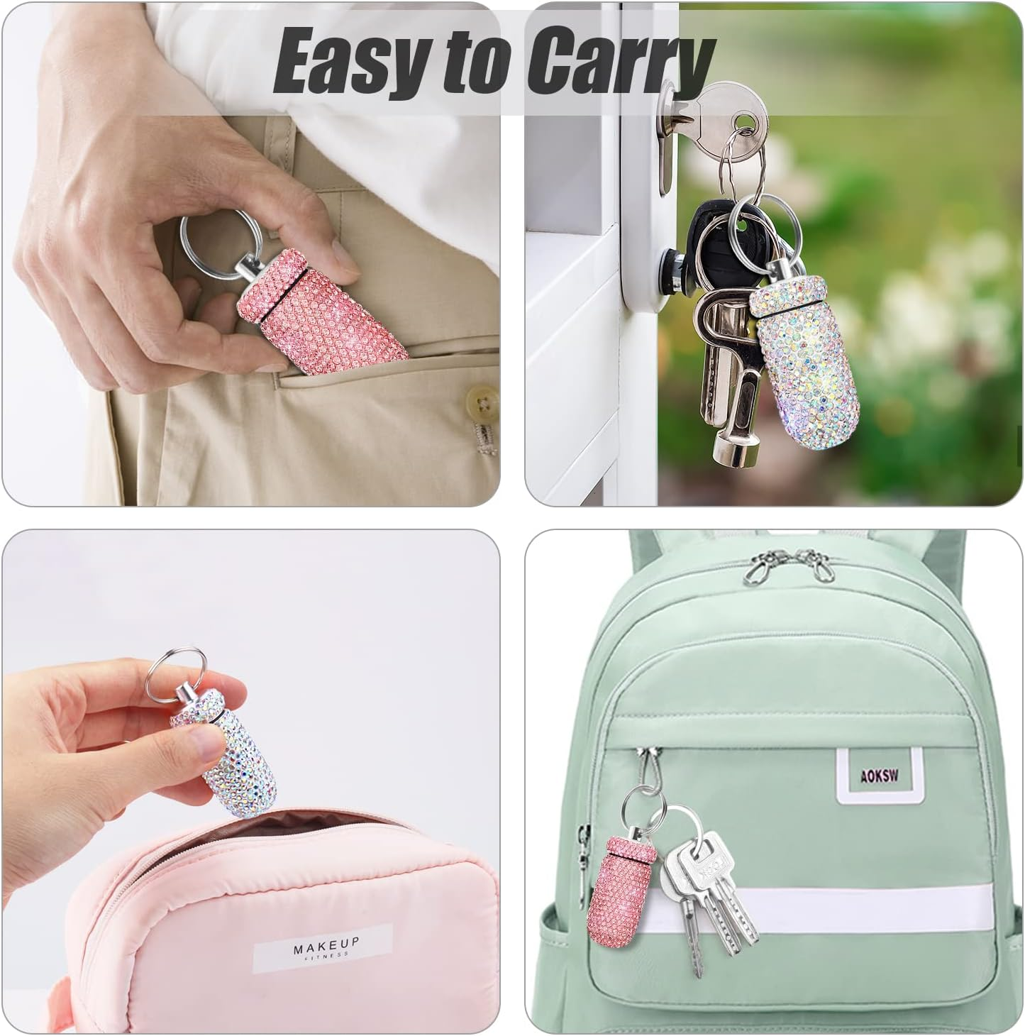 2 Pack Portable Pill Case Bling Rhinestone Pill Container Box Waterproof Medication Holder Organizer Bottle with Keychain for Outdoor Camping Travel Purse Pocket image number 4