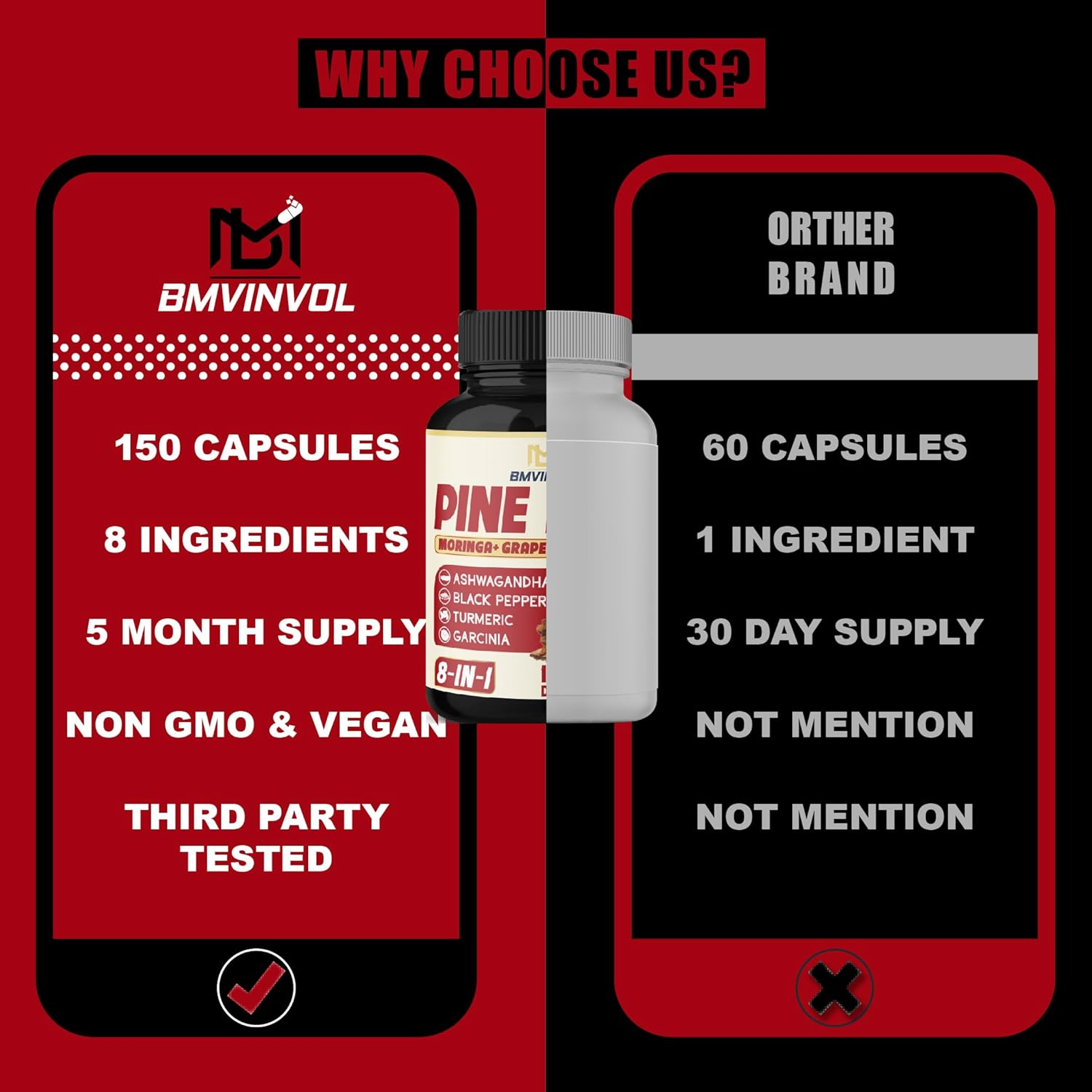 Pine Bark Capsules with Ashwagandha, Turmeric, Green Tea, Garcinia Cambogia, Moringa, Grape Seed, and Black Pepper - 150 Count - 5 Month Supply image number 4