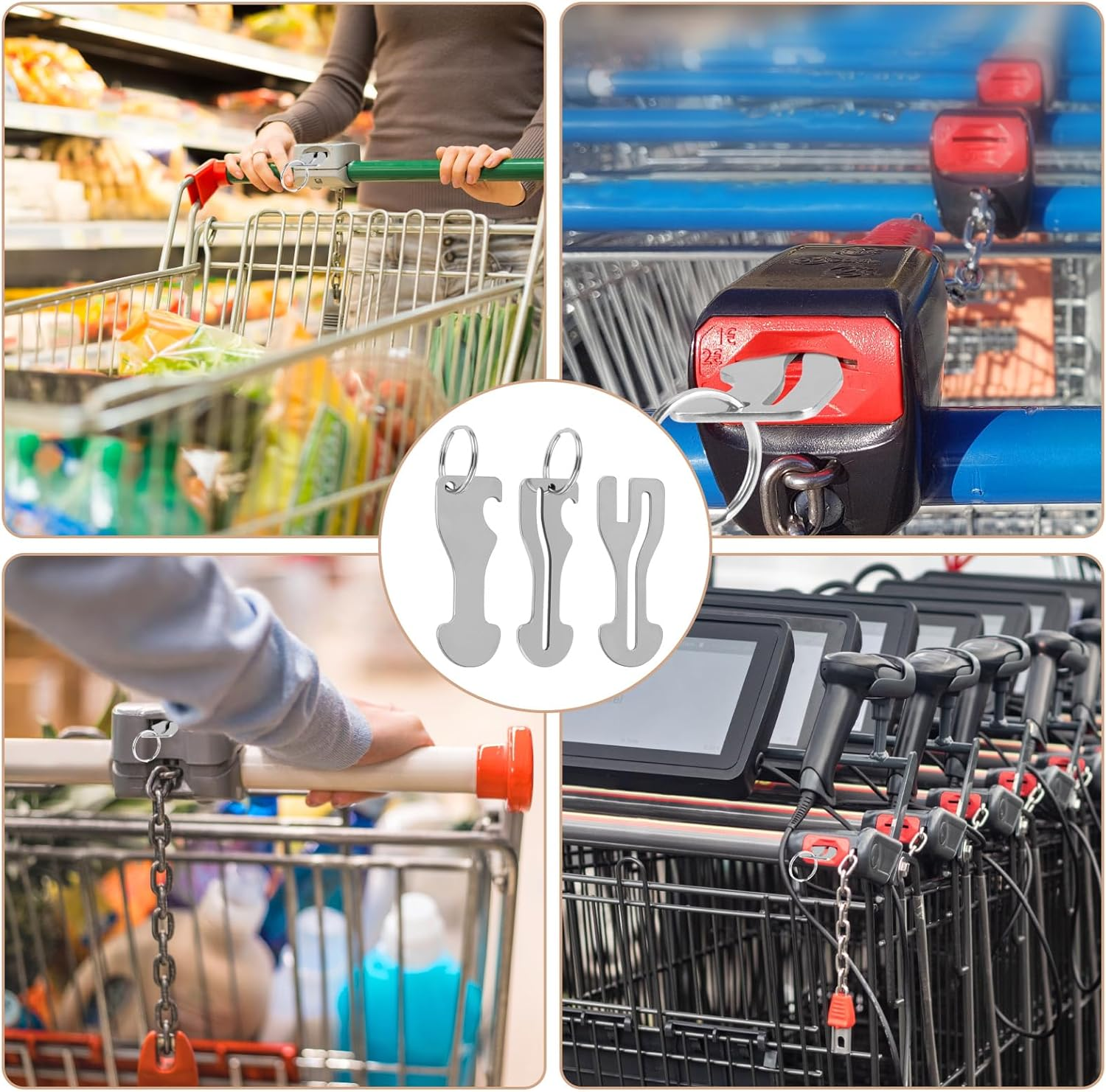 6 Pcs Shopping Trolley Key, Adaptable Versatile Keychain as Bottle Opener, Universal Fit Supermarkets Shopping Cart with Modern Metal Anti-Lost Design and 3 Shapes (Titanium Steel & Silver) image number 2