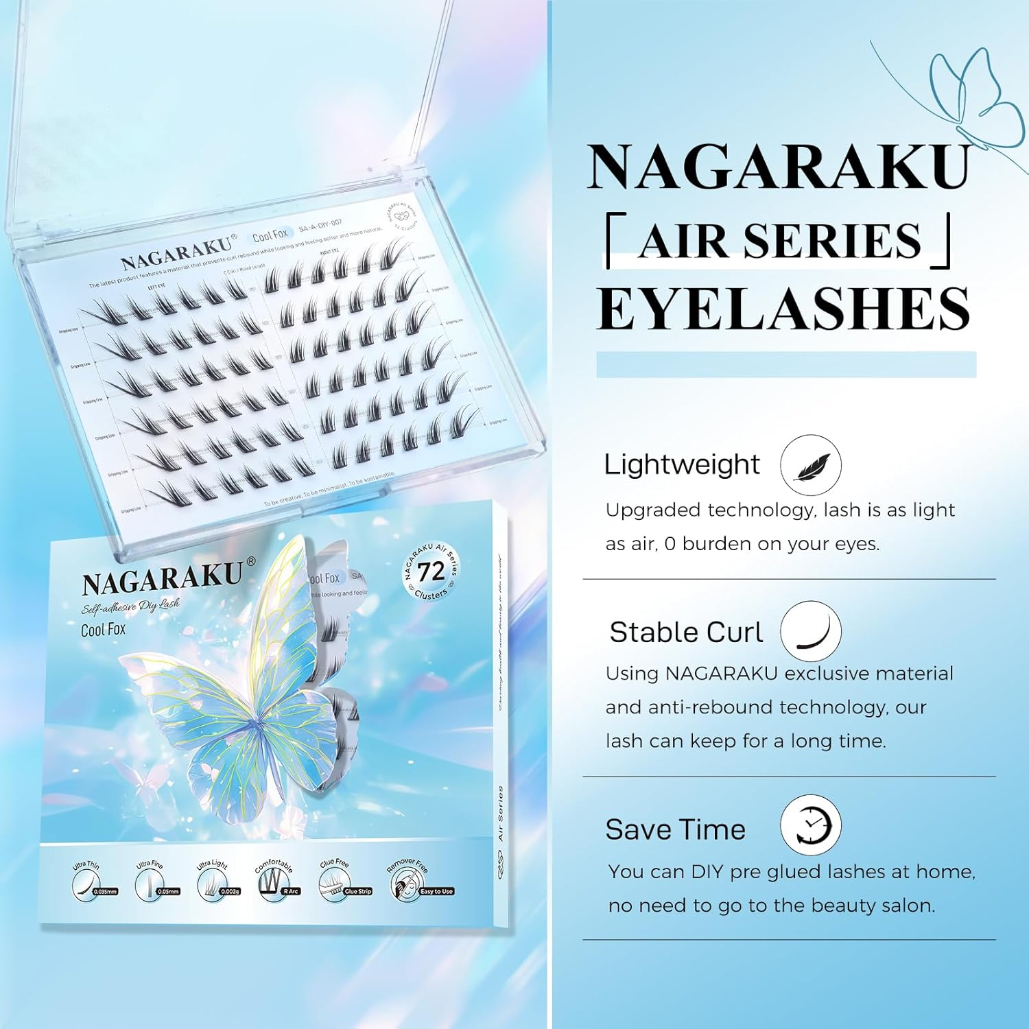 NAGARAKU Pre Glued Cluster Lashes Air Series Eyelashes Cool Fox Style 72 Pcs No Glue Needed Pre-Bond Eyelashes Self Adhesive DIY Lashes（0.07Mm C Curl Mix Length)