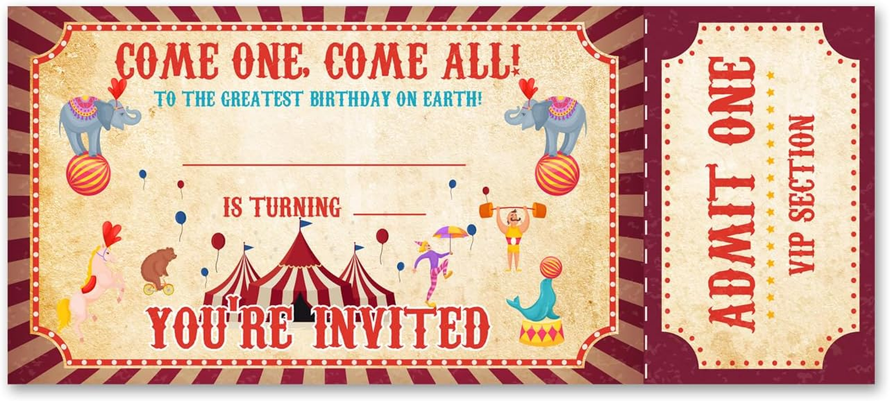 VAHATAN Carnival Birthday Party Invitations 20 Pack Come One Come All Circus Carnival Ticket Invitations with Envelopes Invites Cards for Birthday Party