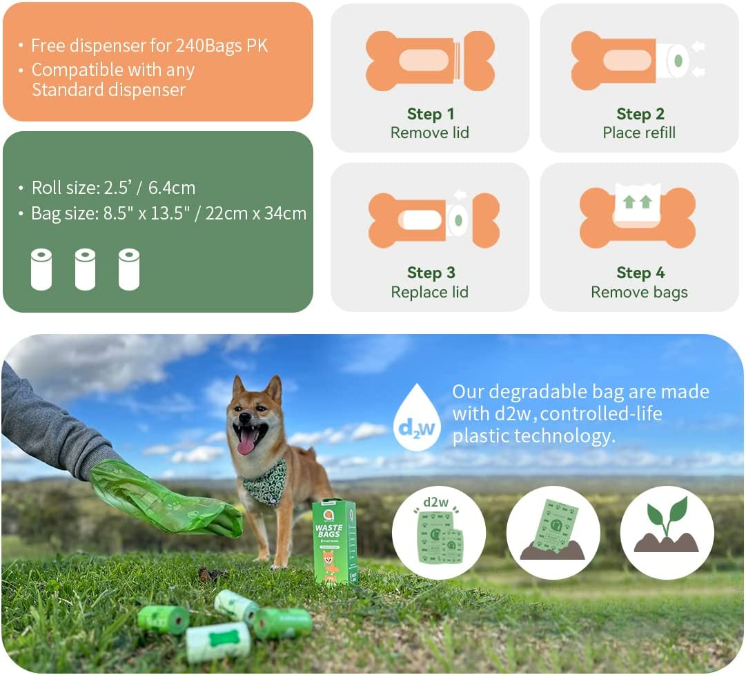 Asahi Paws Degradable Poop Waste Bag Greener with D2W Controlled-Life Plastic Technology 100% Leakproof, Sorted Scent, Easy Tear, Extra Thick & Strong Poop Bags for Dogs & Cats (Degradable 120 Bags) image number 1