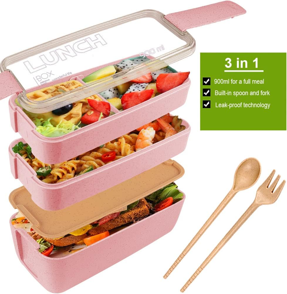 Iteryn Bento Adults Lunch Box, Stackable Bento Box, 3-In-1 Compartment - Wheat Straw, Leakproof Bento Lunch Box Meal Prep Containers - Khaki+Pink image number 2