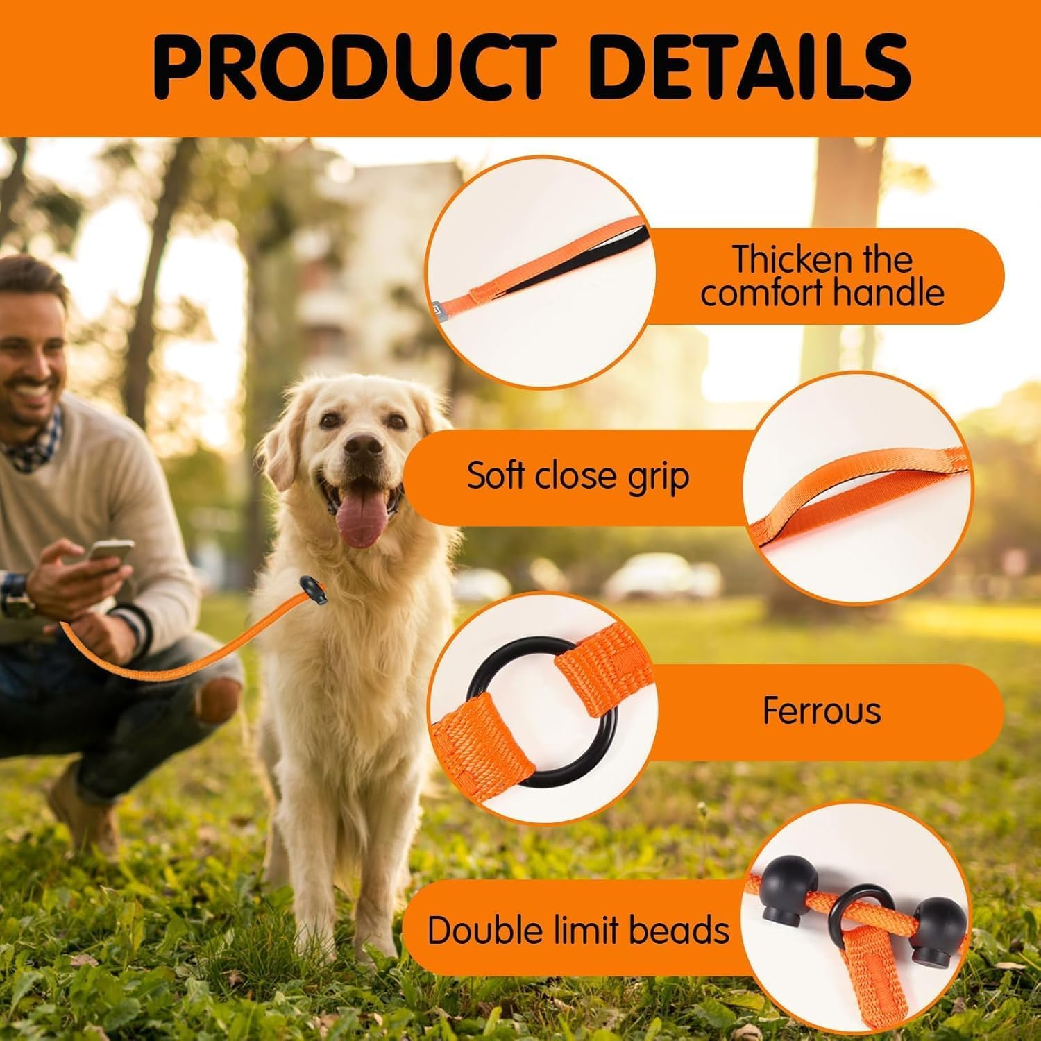 Slip Lead for Dogs Leash with Comfy Handle, 1Pc Anti-Pull Strong Adjustable Nylon Comfy Handle Dog Lead Rope, Anti-Pull Anti-Choking Training Rope for Outdoor Puppy, Orange