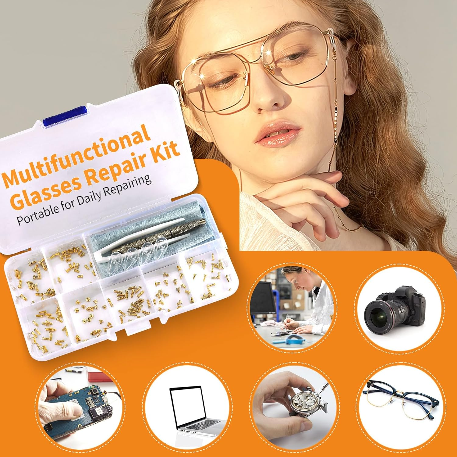 Sunglasses Eyeglasses Repair Kit 140PCS Gold Tiny Stainless Steel Screws and 2 Pairs Nose Pads with Micro Screwdriver Tweezer for Watch Clock Spectacle Eyewear Repair image number 4