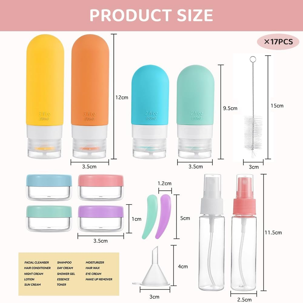 Silicone Travel Bottles Set &ndash; 17-Piece Portable Toiletry Bottles for Shampoo, Conditioner, Lotion & Liquids &ndash; Leak-Proof, Refillable, Squeezable Travel Containers for Carry-On & Luggage image number 4