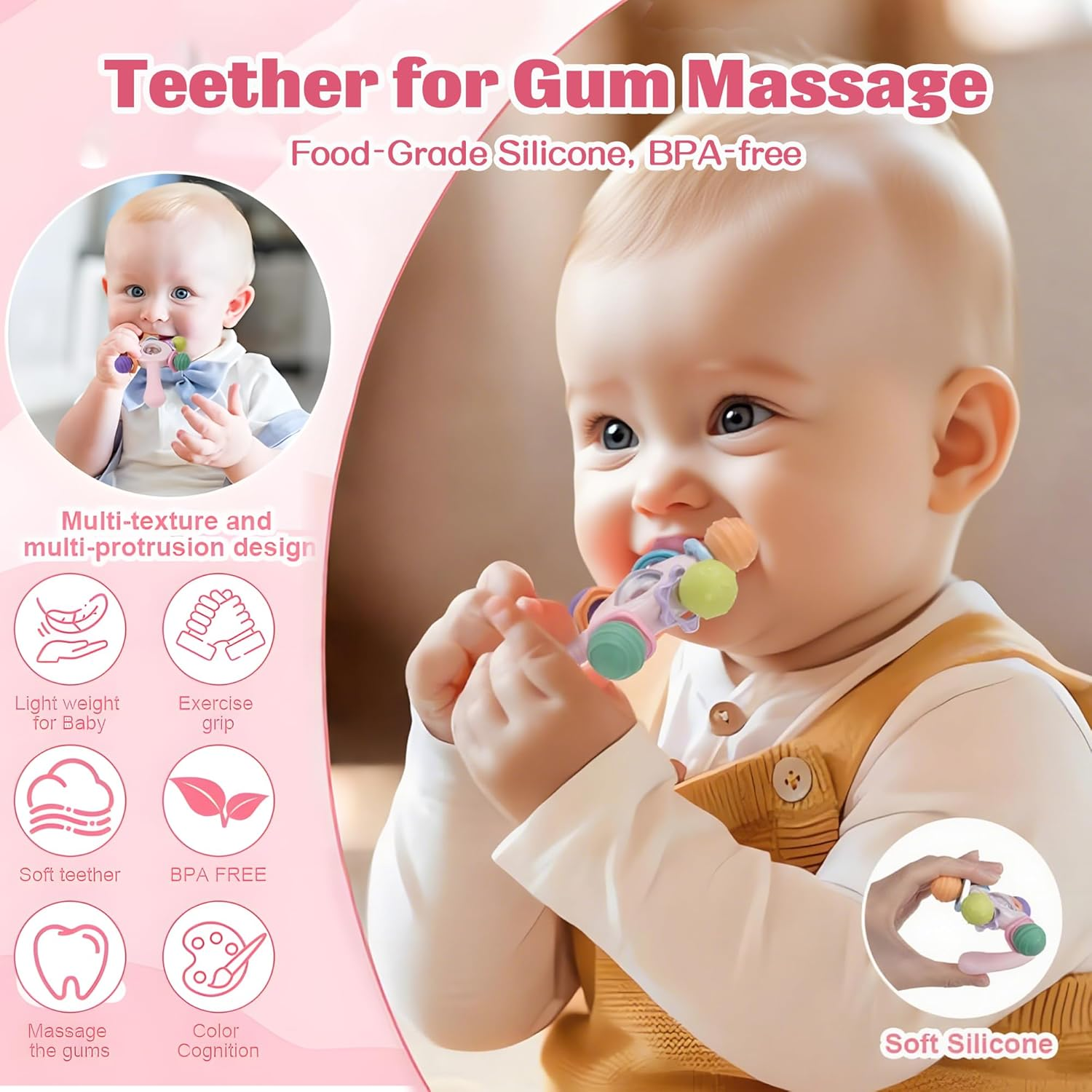 Baby Teether - Soft Silicone Baby Montessori Sensory Teether Toy- Chew Teether Toy for Babies - BPA Free Teething Sensory Rattle- Freezable Infant Soother Toy,Easy to Hold,Portable Rattle for Early Learning Education(Pink)