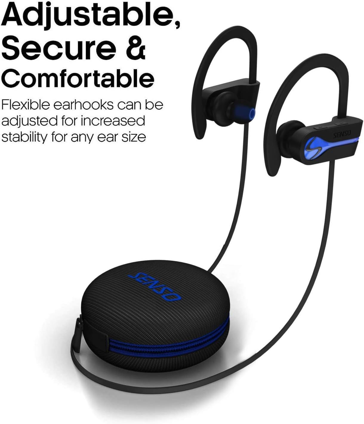 SENSO Bluetooth Wireless Headphones, Best Sports Earphones W/Mic IPX7 Waterproof HD Stereo Sweatproof Earbuds for Gym Running Workout 8 Hour Battery Noise Cancelling Headsets Cordless Heapdhone - Blue image number 3