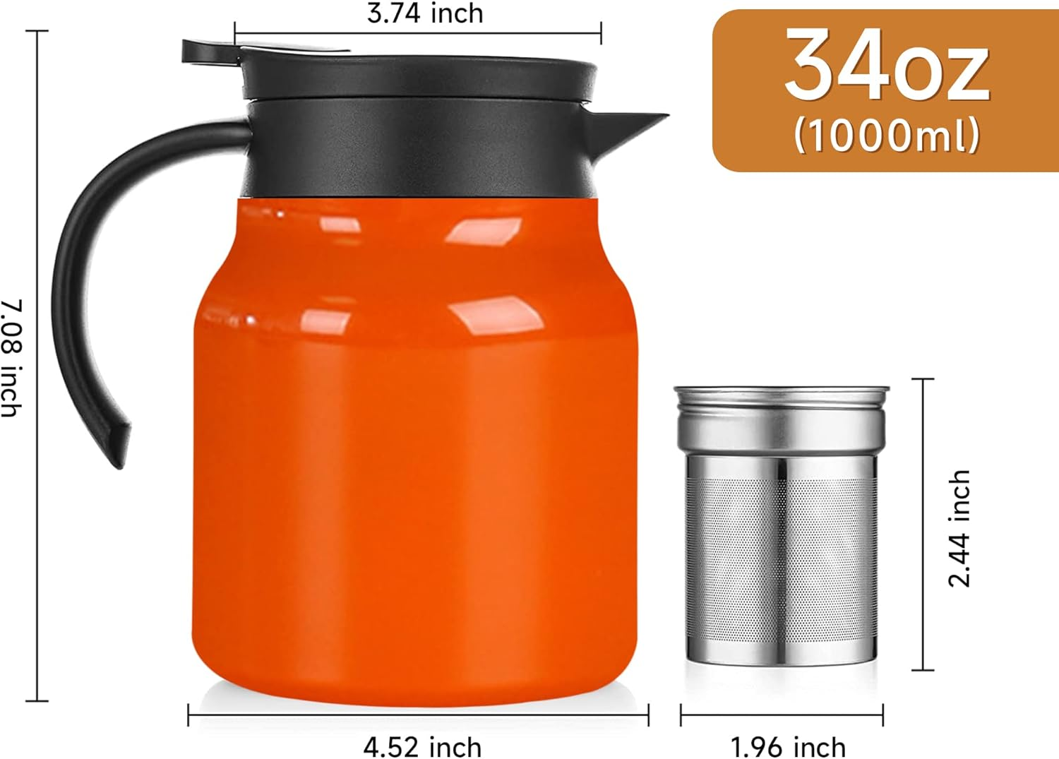 Incifuerza 34 Oz Thermal Coffee Carafe, Double Wall Stainless Steel Insulated Vacuum Coffee Pot Teapot for Keeping Hot, 1 Liter Beverage Dispenser with Removable Tea Filter (Orange)
