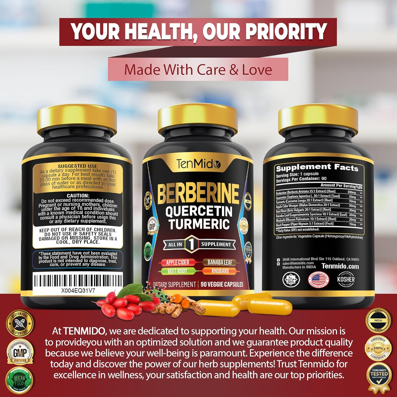 Berberine Supplement for Men and Women, 8In1 Formula with Quercetin, Turmeric, Apple Cider Vinegar, Beet Root & More - Digestive, Immune Support - Rich in Nutrient - 90 Capsules image number 6