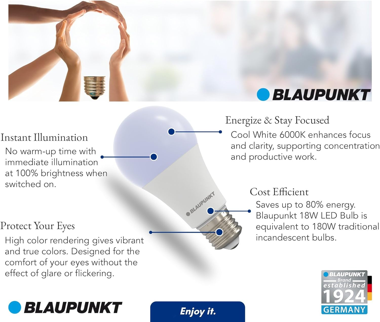 Blaupunkt LED Bulb Classic A65 LED Lamp, E27 Base Screw, 18W, Replaces 180W Incandescent, Cool White 6000K, Cold Light, Non-Dimmable, 1980 Lumen, Light Bulb, Room Lighting, 1 Piece (Pack of 1) image number 6