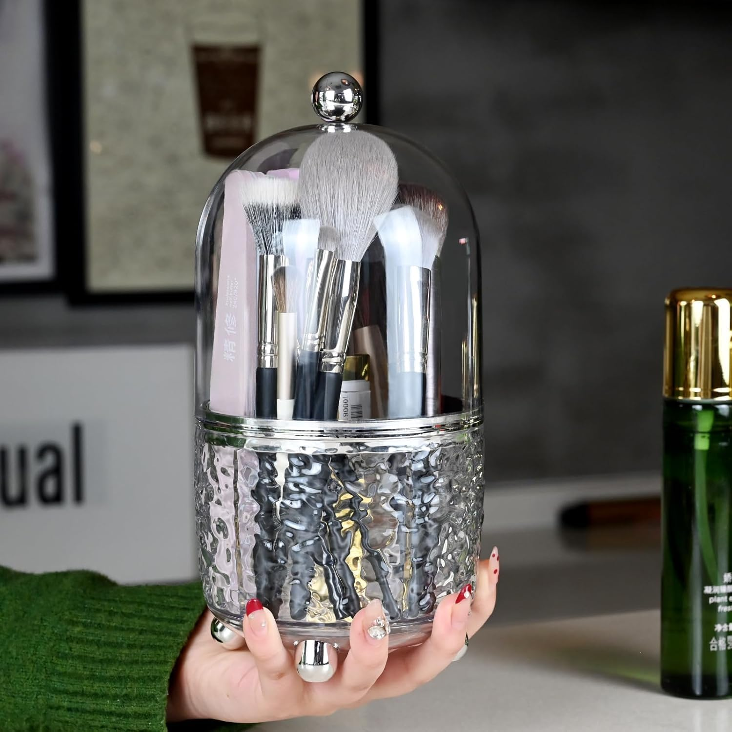 Makeup Brush Holder with Lid Cosmetic Tools Organizer 360 Rotating Make up Brushes Storage for Vanity, Waterproof & Dustproof (Clear) image number 2