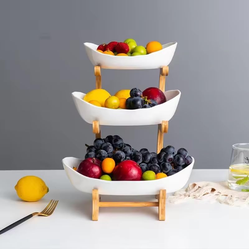 AURORA & Sons-Modern Porcelain 3-Tier Serving Bowls with Stand Holder &ndash; Multi-Level Serving Tray for Fruits, Snacks, and Desserts- Ideal for Kitchen, Dining Room and Party Use image number 1