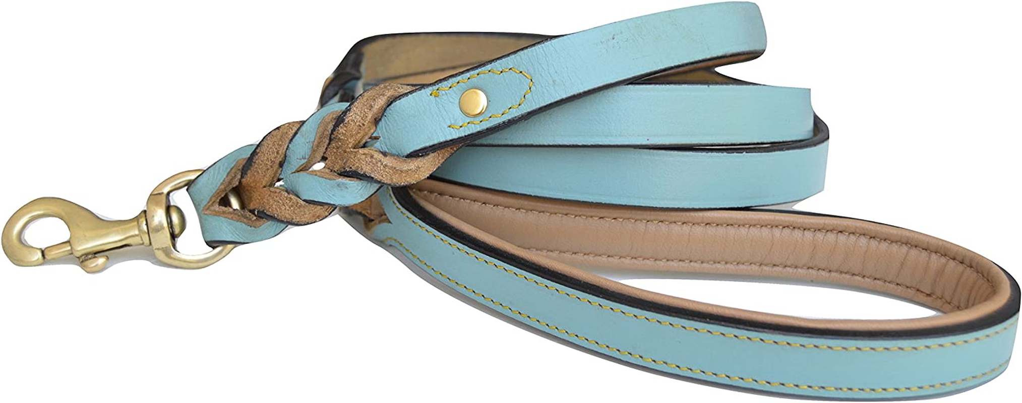 Soft Touch Collars Leather Braided Dog Leash, Tan with Teal Padded Handle, 6Ft Long X 3/4" Inch Wide image number 6