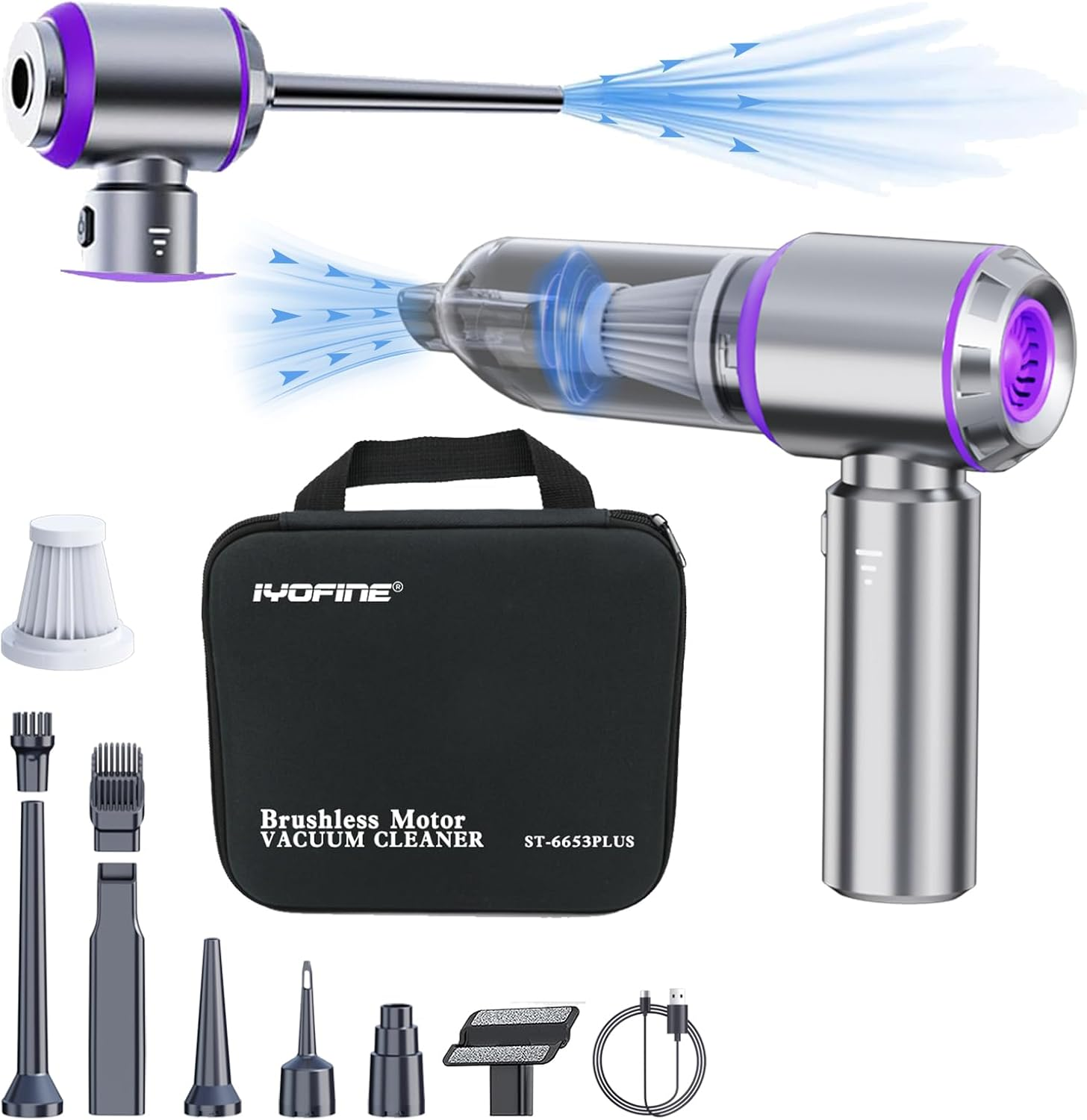 IYOFINE Vacuum/Air Duster 80,000RPM Super Power Mini Car Vacuum Cleaner 4-In-1 Air Blower Gun Air Duster & Air Blower & Pump Hand Electric Air Duster Handheld Dust Blower Blower Cordless (Purple) image number 4