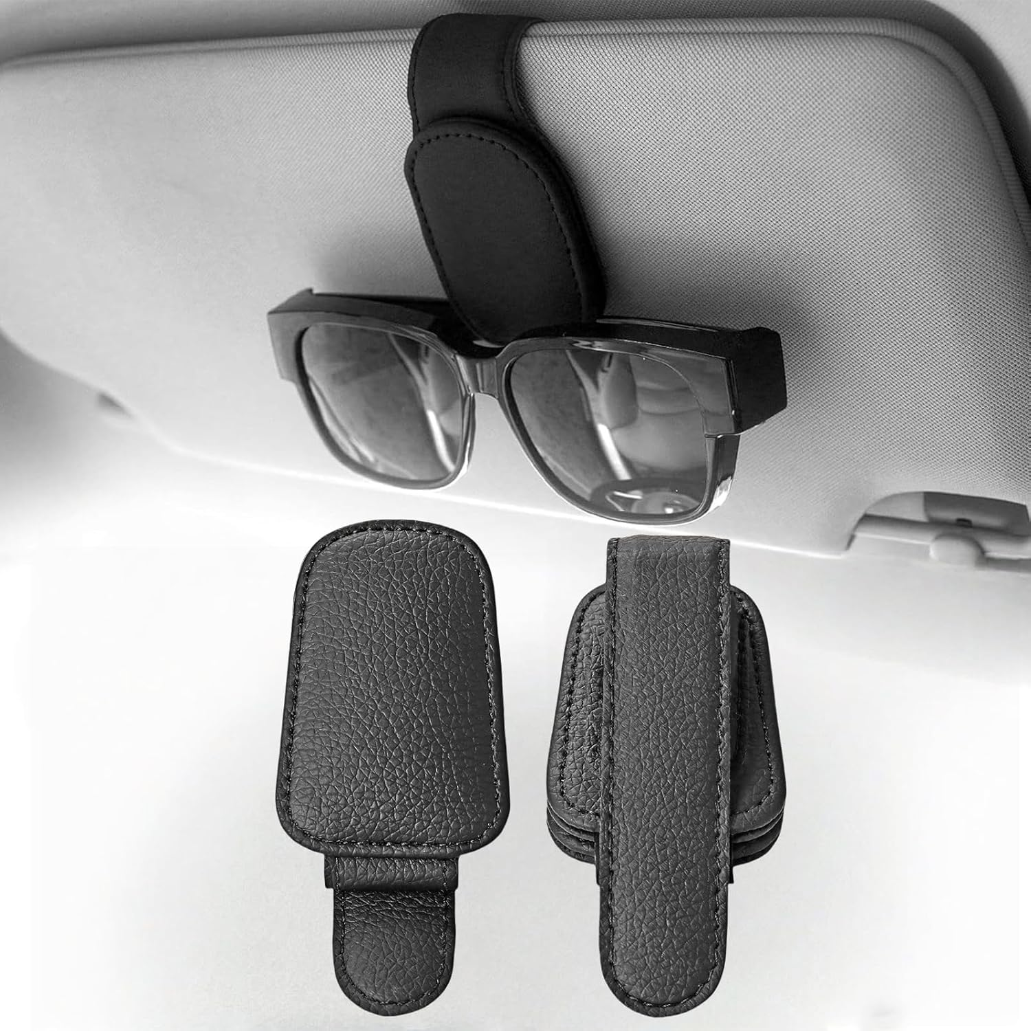 Magnetic Leather Car Sunglasses Holder, Eyeglass Hanger Clip for Sun Visor, with Ticket Card Clip, Car Visor Accessories(Black) image number 5