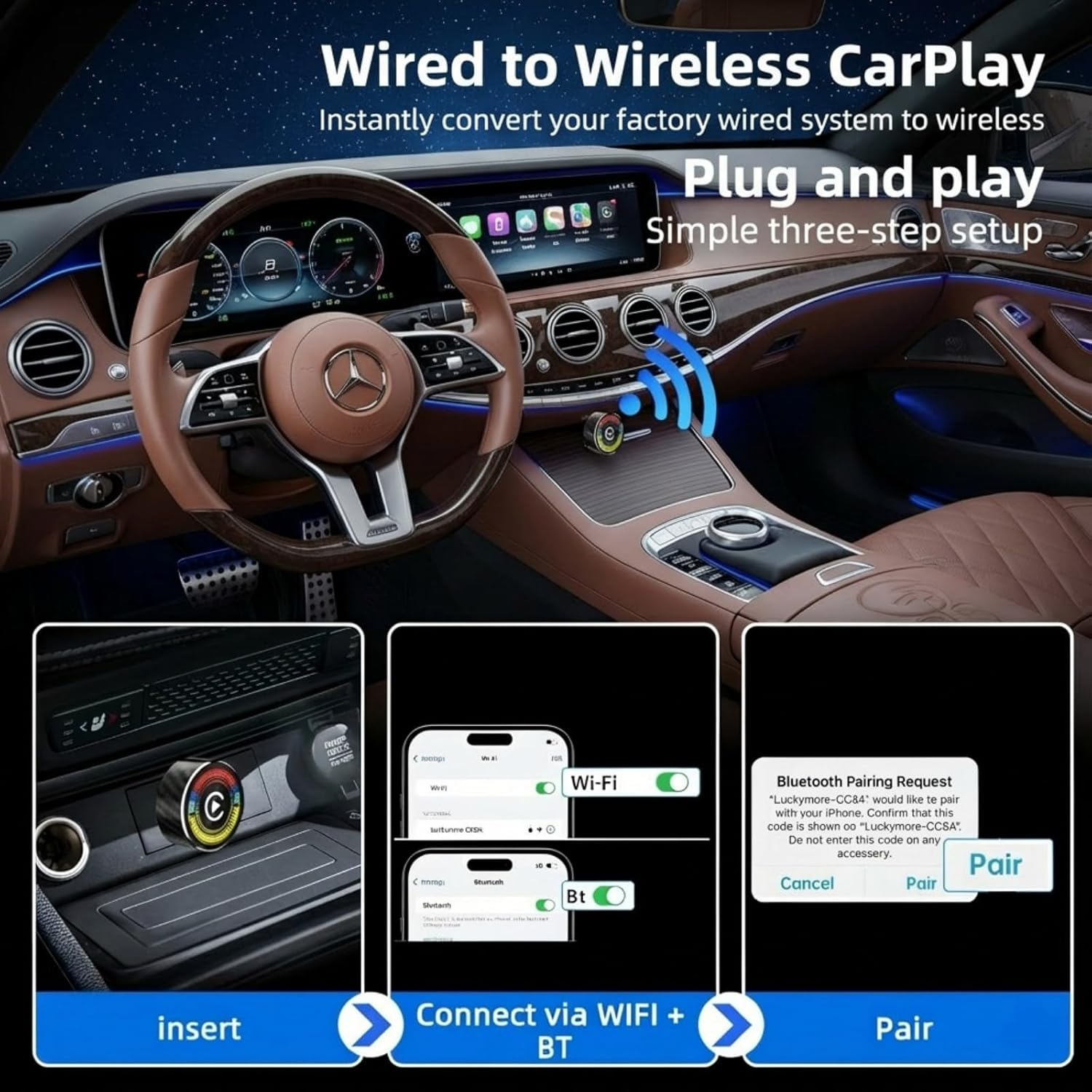 2-In-1 Wireless Carplay Adapter & Android Auto Wireless Adapter, Mini Carbon Fiber Design, 5.8Ghz Wifi No Delay Dongle for Cars with Factory Wired Carplay, Plug & Play, Includes USB & USB-C image number 1