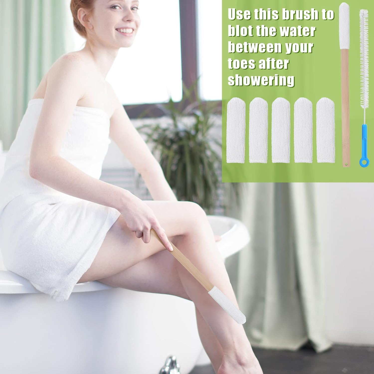 Yaomiao Set of 2 Long Handle Toe Brush 15.75 Inches Wooden Foot Towel Brush with Reusable Remove Soft Drying Covers for Foot Scrubber Cleaning between Toes image number 5