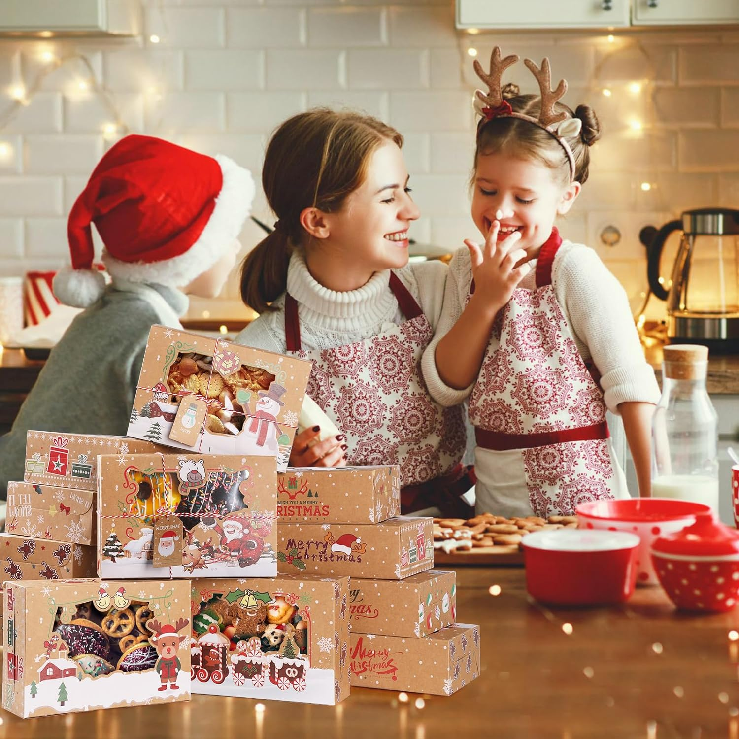 12Pcs Christmas Cookie Gift Box Treat Boxes, Large Rectangle Christmas Kraft Paper Food Container for Gift Wrapping Supplies, Cute Santa Small Christmas Box image number 2