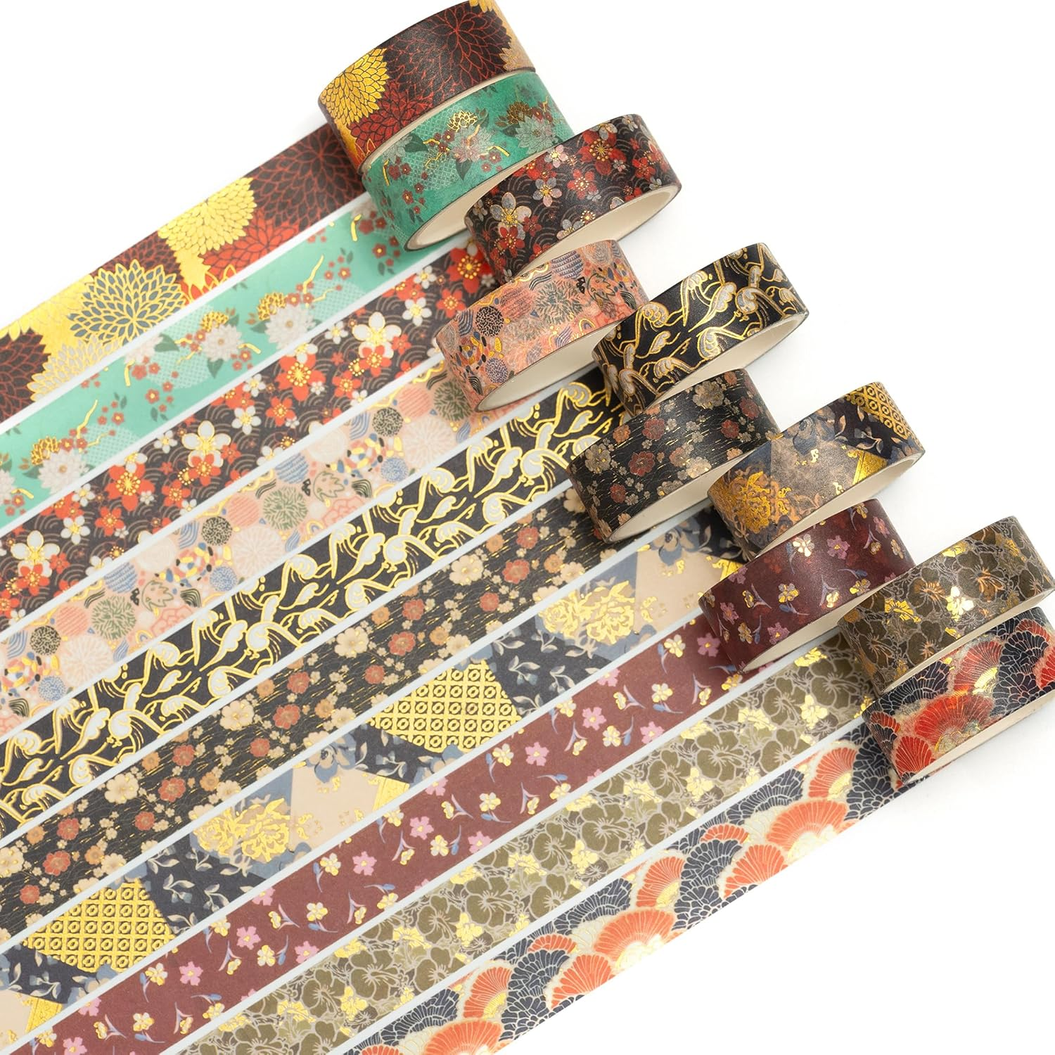 Songdao 10 Rolls Sakura Washi Tape Set Japanese Arts Adhesive Tapes Gold Silver Foil Decorative Masking Tape Sets for Craft, Kids, Scrapbook, DIY, Gift Wrapping (Golden Kimono)