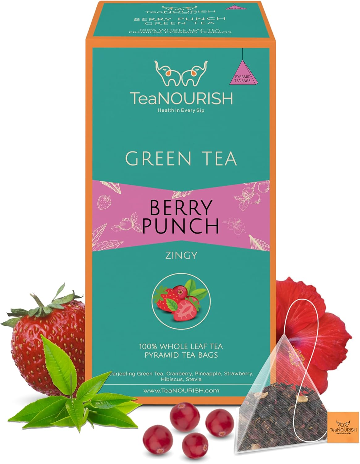 Teanourish Berry Punch Green Tea | 20 Count Pyramid Tea Bags | Zingy & Refreshing | Darjeeling Whole Leaves | 100% Natural Fresh Berries & Hibiscus Flower image number 4