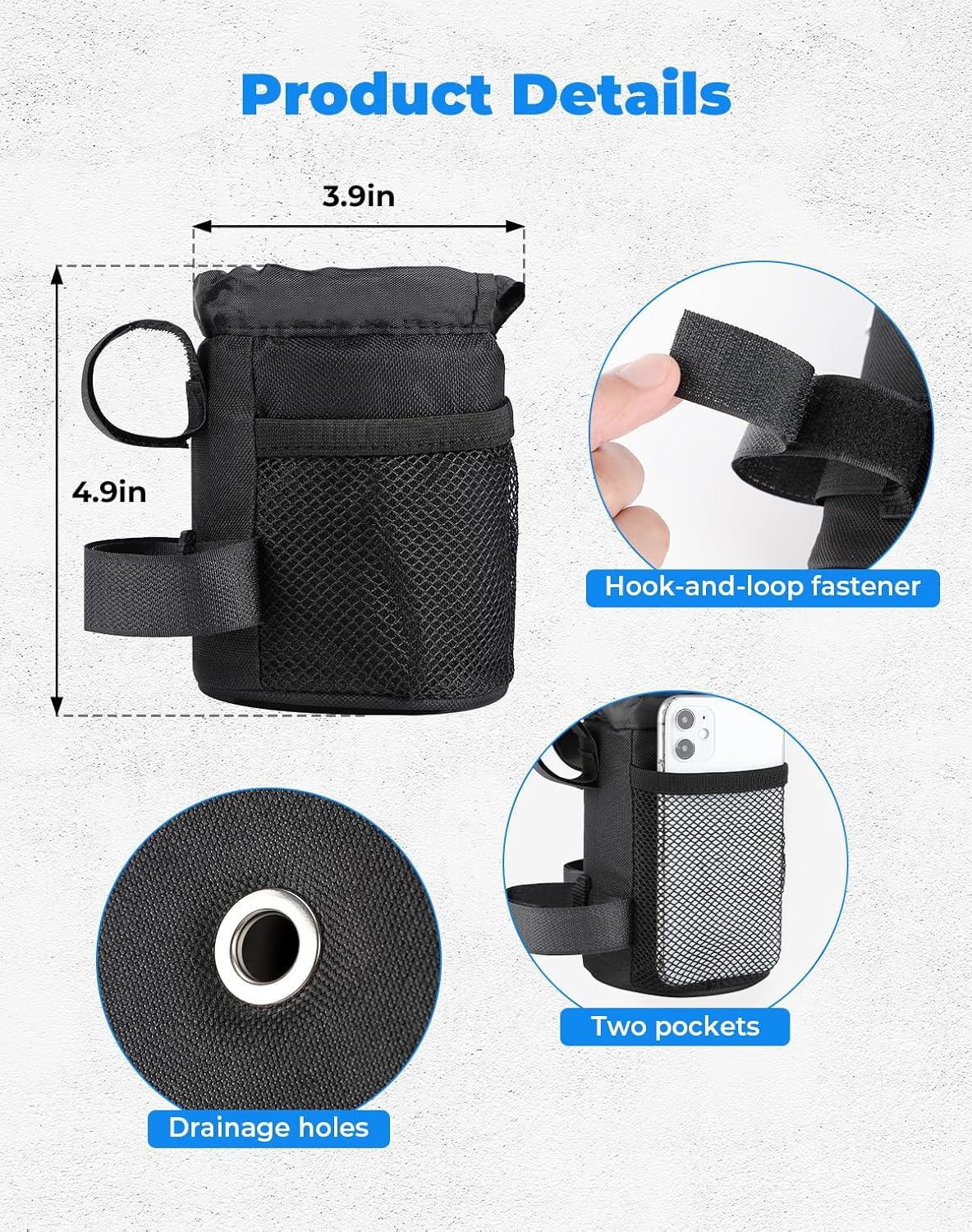 KEMIMOTO Bike Cup Holder, Water Bottle Holder Bicycle Handlebar Drink Holder with 2 Pockets, Oxford Fabric Water Cup Holder Compatible with Wheelchair Road Bike MTB E-Bike Cruiser Scooter