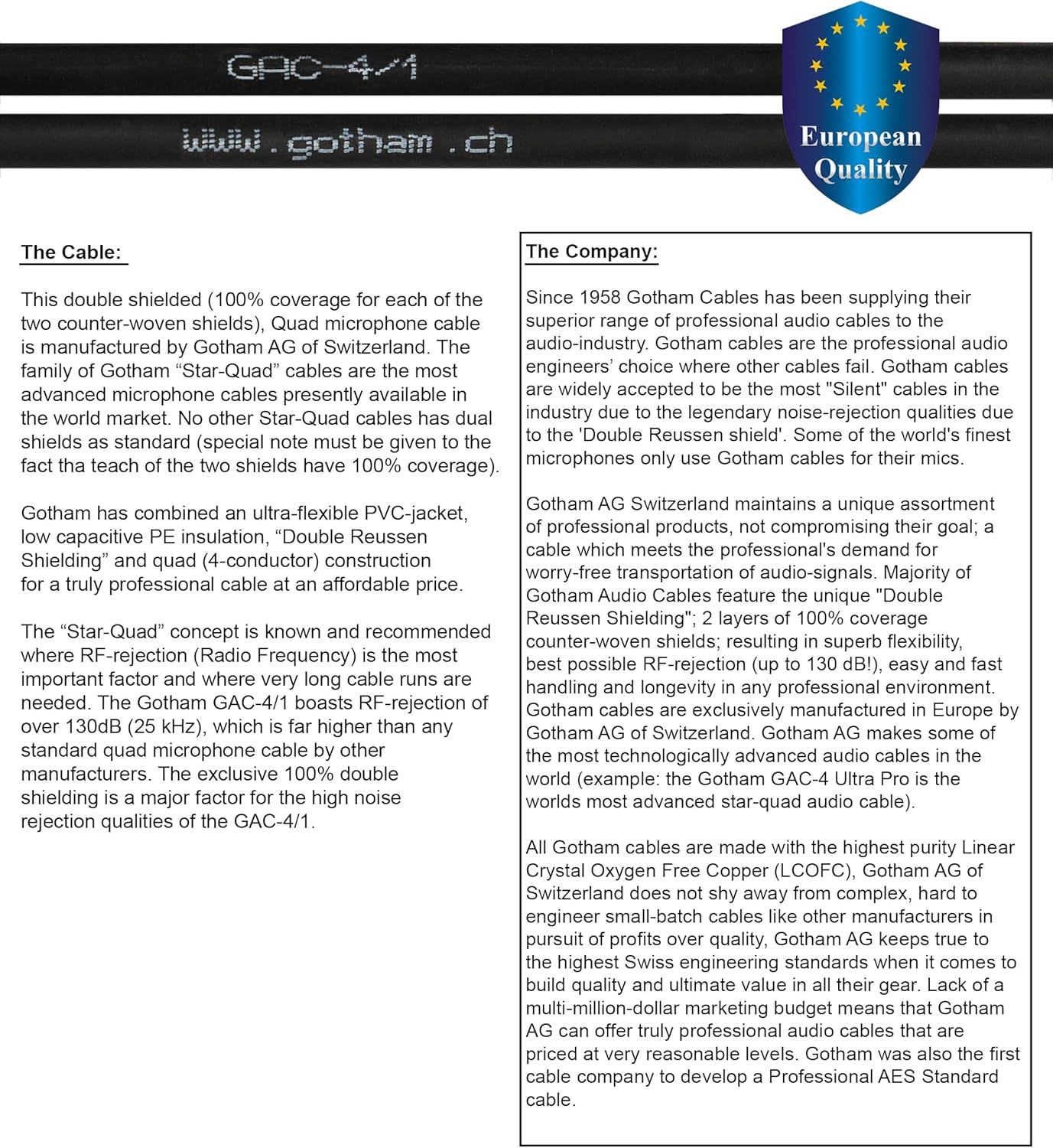 5 Foot RCA Cable Pair - Gotham GAC-4/1 (Black) Star-Quad Audio Interconnect Cable with Amphenol ACPR Die-Cast, Gold Plated RCA Connectors - Directional image number 3