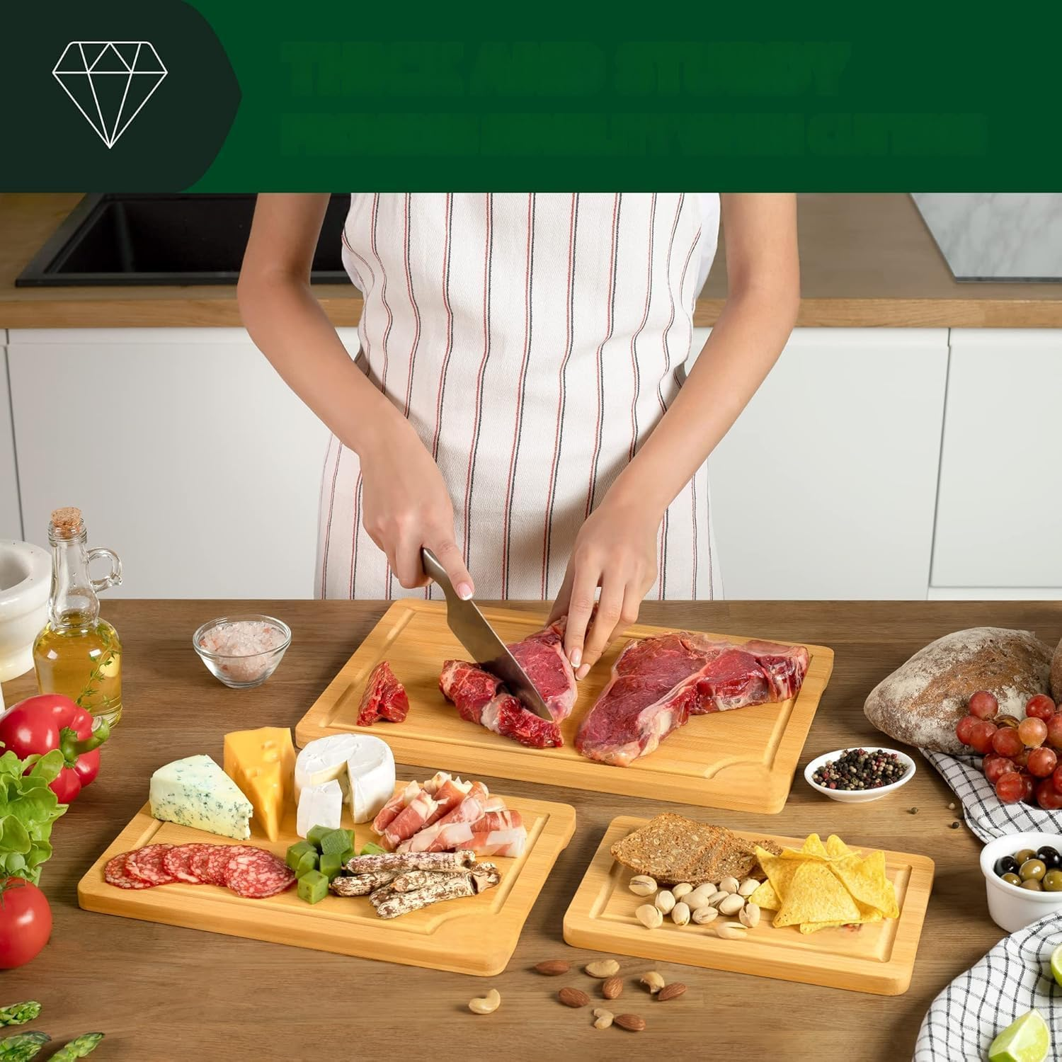 Wooden Cutting Boards for Kitchen Meal Prep & Serving - Bamboo Wood Serving Board Set with Deep Juice Groove Side Handles - Charcuterie & Chopping Butcher Block for Meat (Natural) image number 2