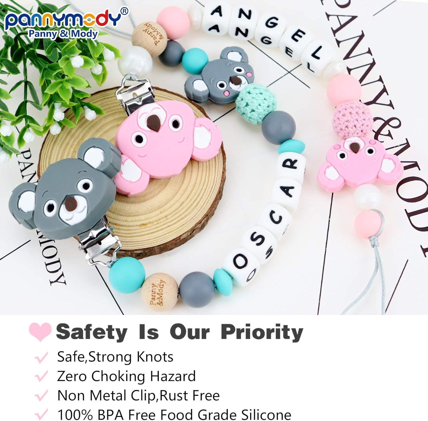 Panny & Mody Personalised Dummy Clip with Baby Name, Customisable Baby Soother Chain Fro Bbay Bosys - Koala Pink image number 2