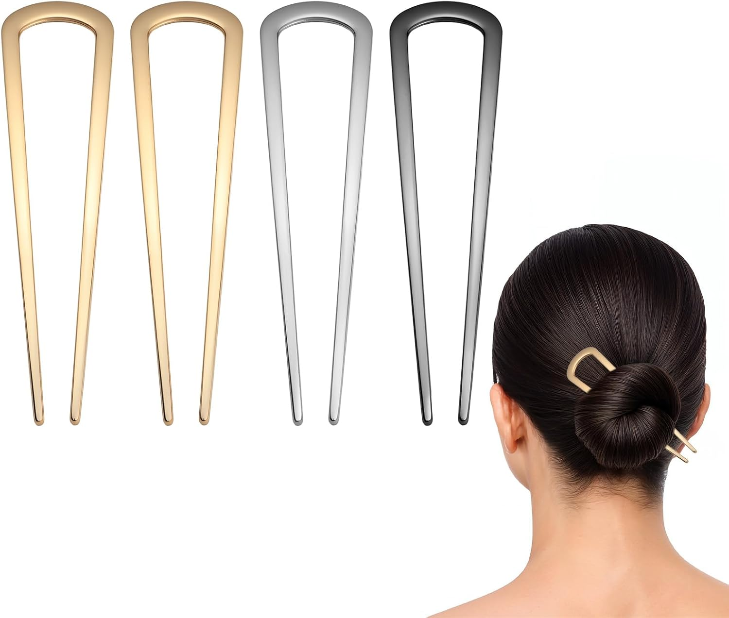 4 Pieces French Twist Hair Pin, U Shape Metal Hair Pin, Large French Bun Chignon Tool for Girls, Various Hair Types, Styling Accessories image number 1