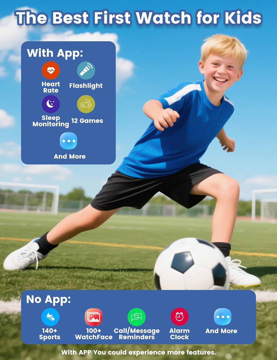 ZONEY Smart Watch for Kids, Christmas Birthday Gift Watch with Flashlight, IP68 Waterproof 1.5" Fitness Tracker, 12 Games Pedometer,Heart Rate,Sleep Monitor with APP for Girls Boys Teens 5-16, Blue