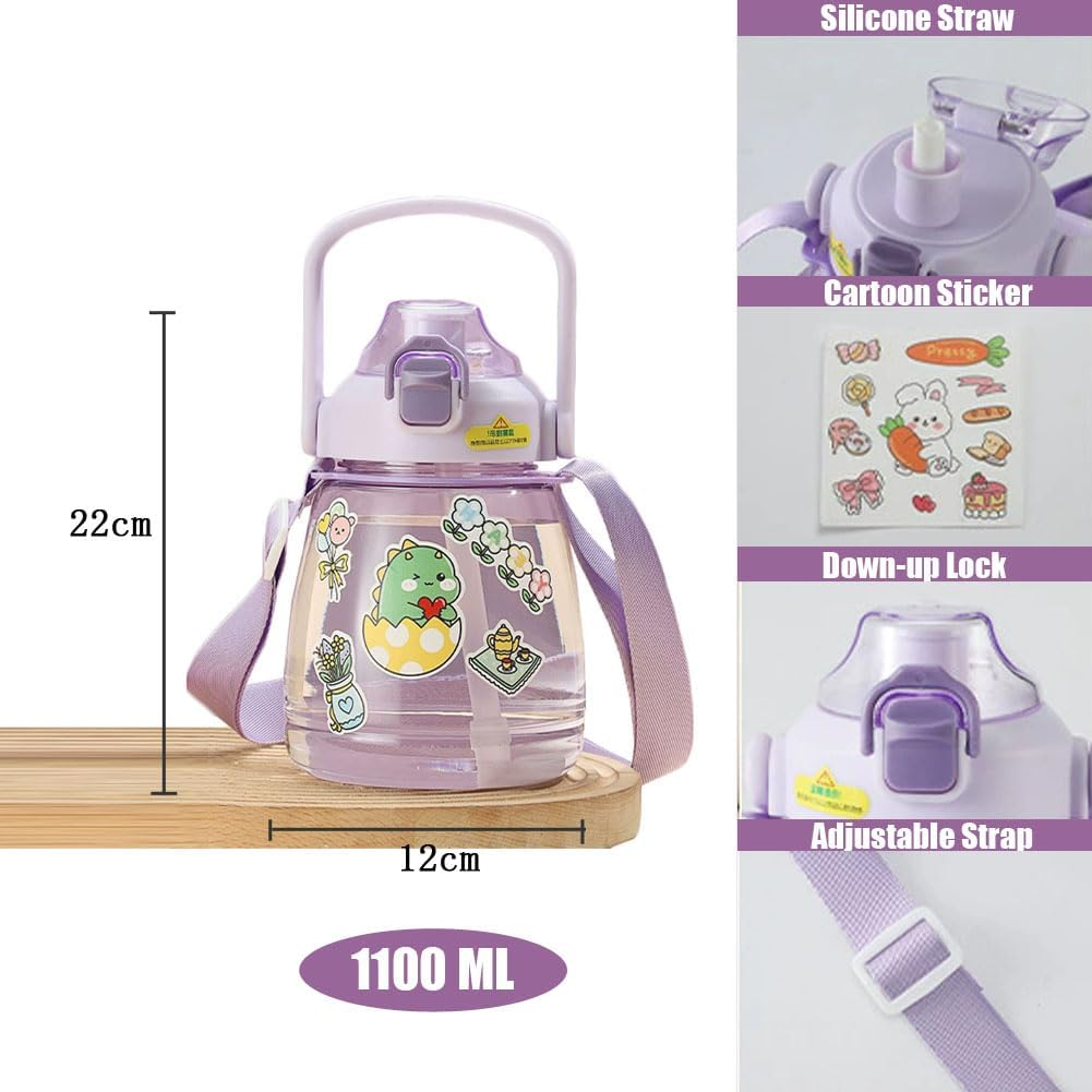 YOBOKO 1.1L Large Water Bottle Lovely Wide Mouth Drink Bottle with Handle Leak Proof Big Bottle with Straw and Adjustable Strap for Camping Cycling Gym Sports 1 PC (Purple)