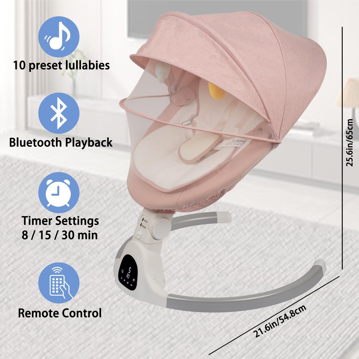 Electric Baby Swing for Infants, with Bluetooth Remote Control Timing Function and 10 Music 5 Swing Speeds 3 Seat Positions Baby Bouncer for Boy Girl Indoor & Outdoor Use (Pink) - Pink image number 5