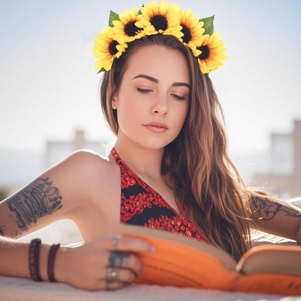 KOMUNJ Sunflower Flower Headband Rave Party Headdress Costume Accessory Garland Hair Band Sunflower Child Rave Women image number 5