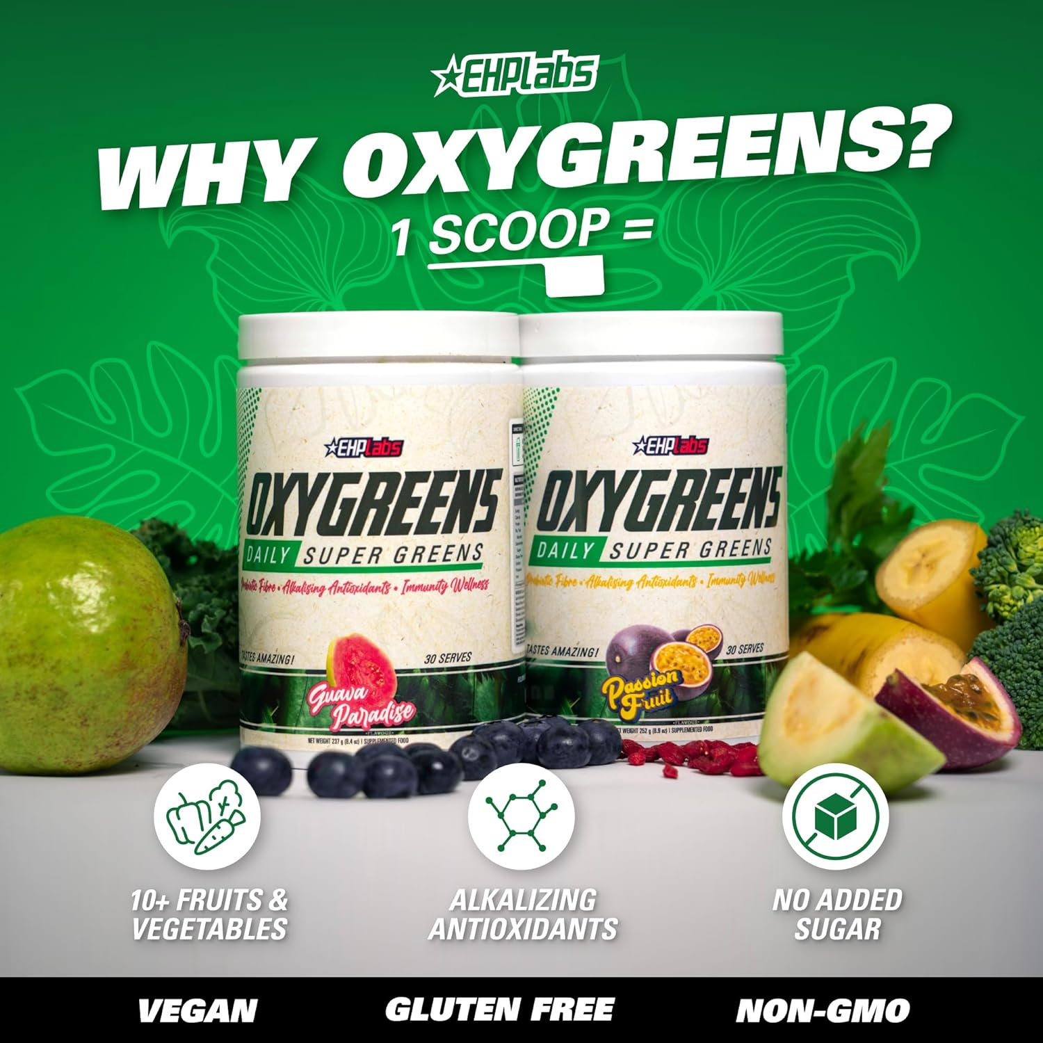 EHP Labs Oxygreens Daily Super Greens Powder - Green Superfood, Spirulina Herbal Supplement with Prebiotic Fibre, Alkalizing Forest Berries & Immunity Wellness Support, 30 Serves (Crisp Apple) image number 4