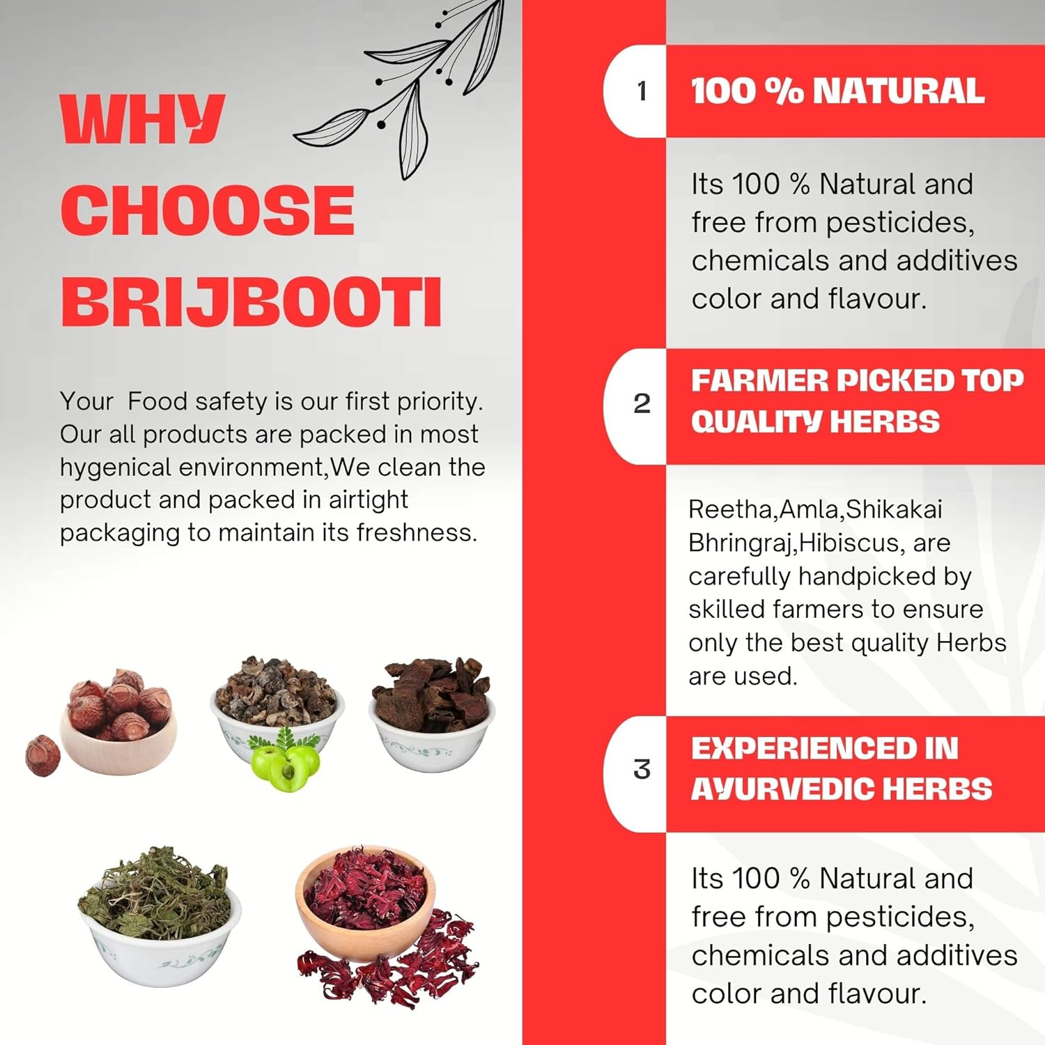 Brijbooti Reetha Amla Shikakai Bhringraj Hibiscus (Raw Form) for Hair 500 Gm (100G Each) image number 2